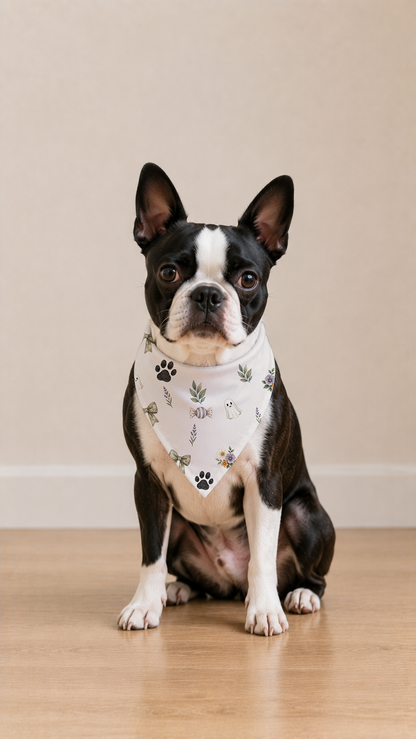 A Boston Terrier dog wearing a white bandana with a green and black botanical and paw print pattern, sitting on a light wood floor against a beige wall.