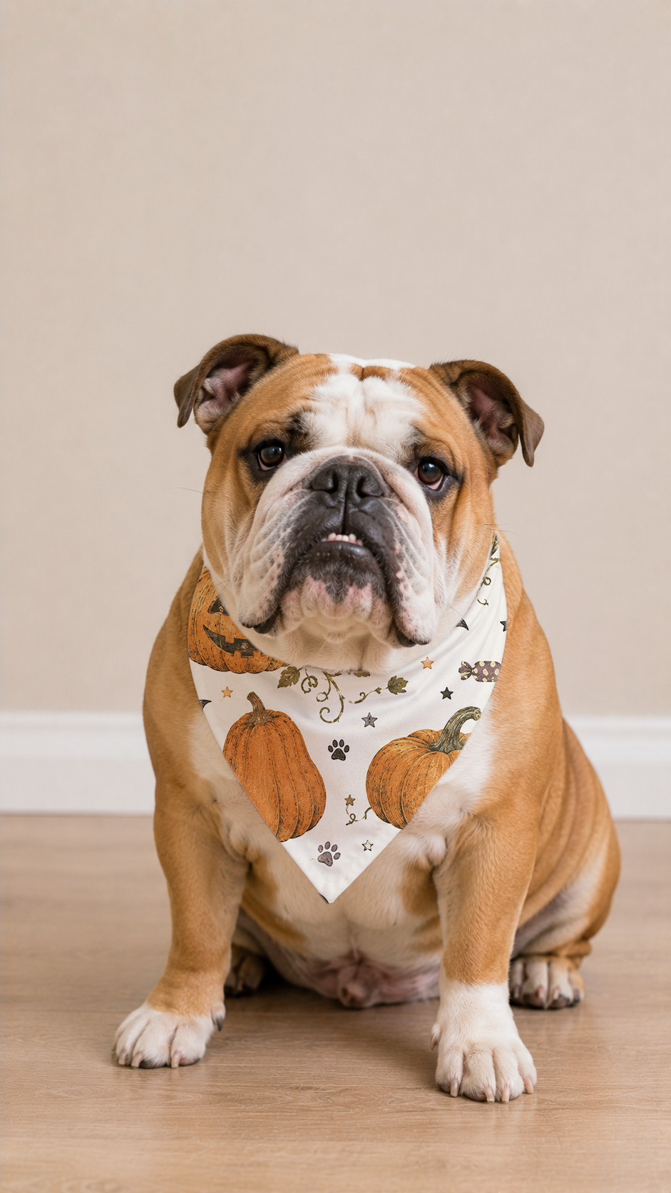 Bulldog wearing a Halloween Pumpkin Dog Bandana in a front view.