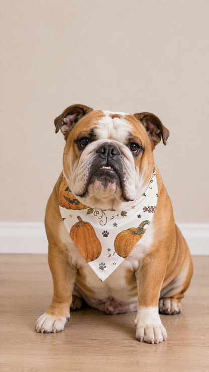 Bulldog wearing a Halloween Pumpkin Dog Bandana in a front view.