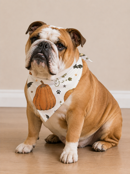 Bulldog wearing a Halloween Pumpkin Dog Bandana in a three-quarter view.