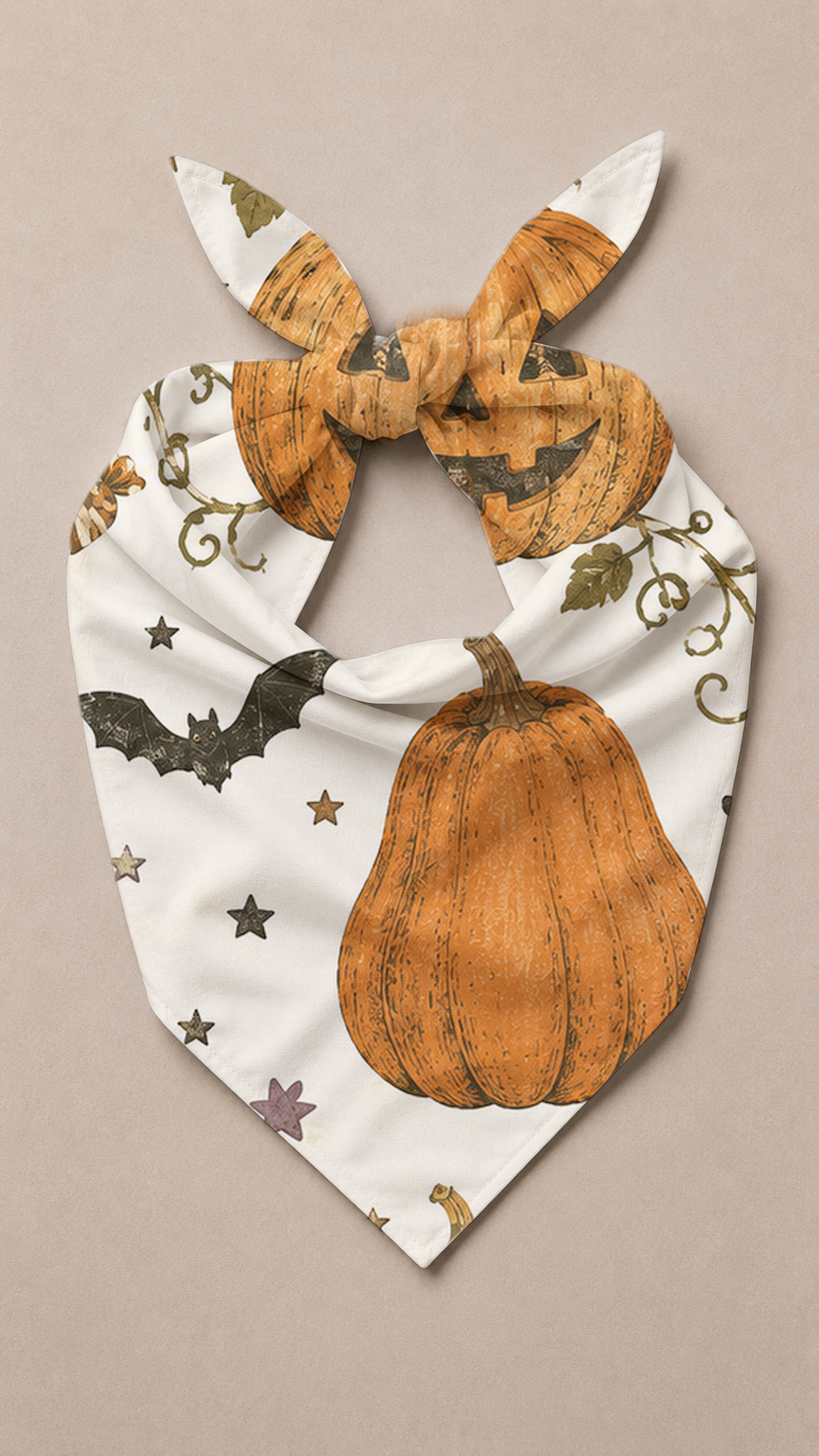 Flat lay view of a Halloween Pumpkin Dog Bandana.
