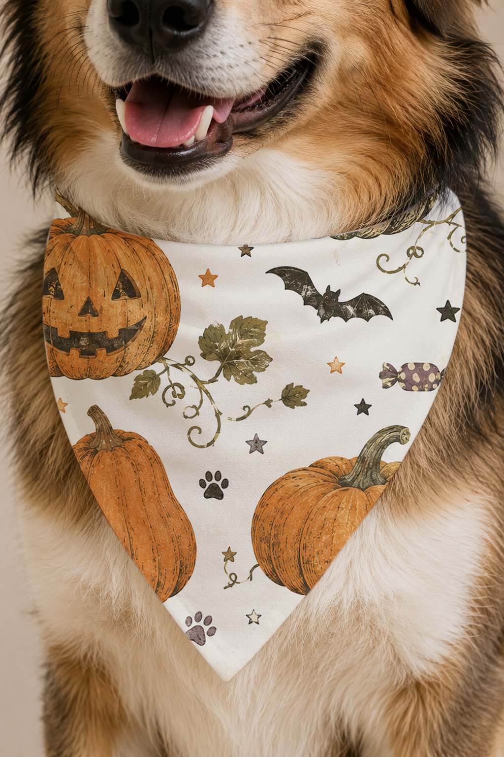 Mixed Dog wearing a Halloween Pumpkin Dog Bandana in a closeup detail view.