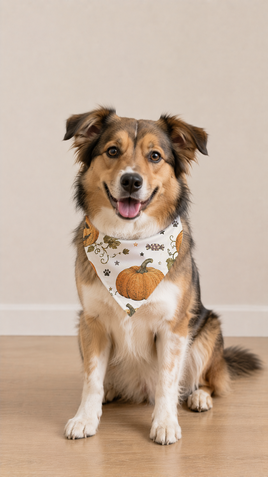 Mixed Dog wearing a Halloween Pumpkin Dog Bandana in a front view.