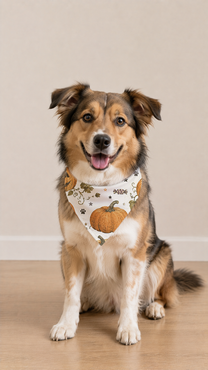 Mixed Dog wearing a Halloween Pumpkin Dog Bandana in a front view.