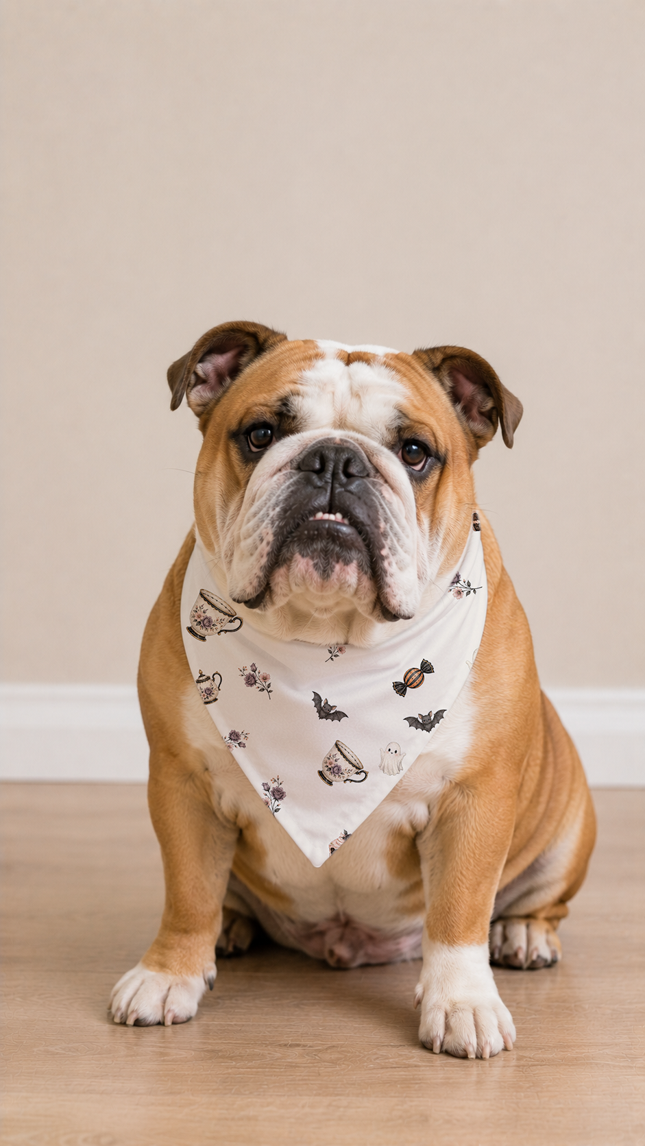 An English Bulldog sitting on a light wood floor against a beige wall, wearing a white bandana with a black and orange butterfly pattern.