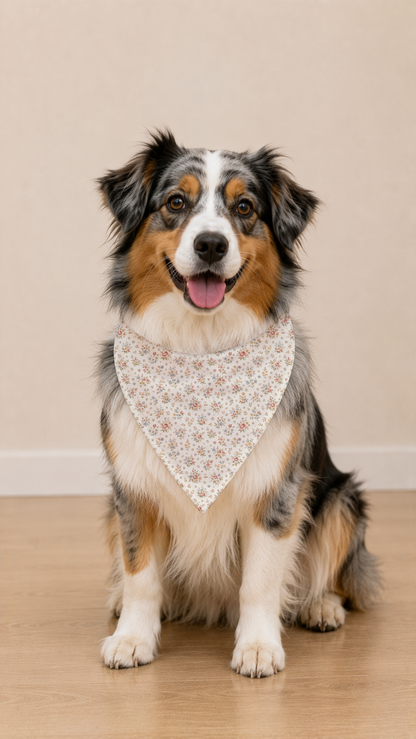 A tricolor Australian Shepherd dog wearing a white bandana with a delicate pink floral pattern, sitting on a light wood floor against a beige wall.