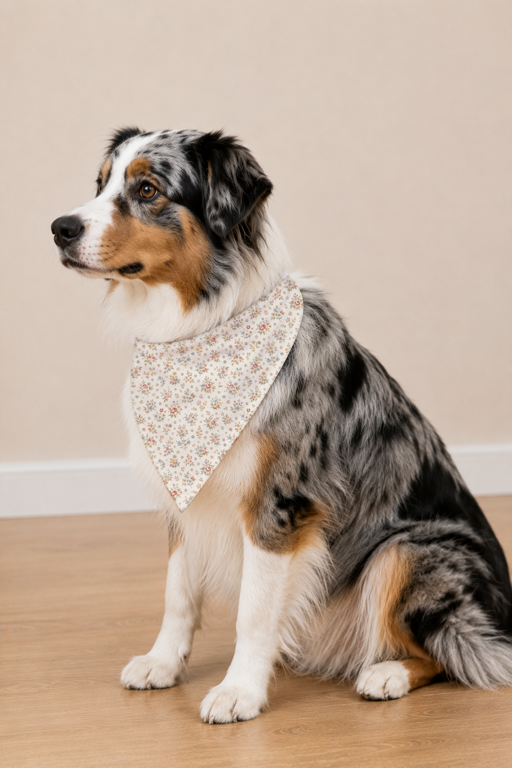 A tricolor Australian Shepherd dog wearing a beige bandana with a delicate floral pattern, sitting on a light wood floor against a neutral beige wall.