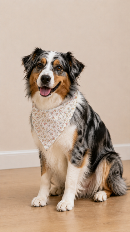 A tricolor Australian Shepherd dog wearing a beige bandana with a small floral pattern, sitting on a light wood floor against a beige wall.