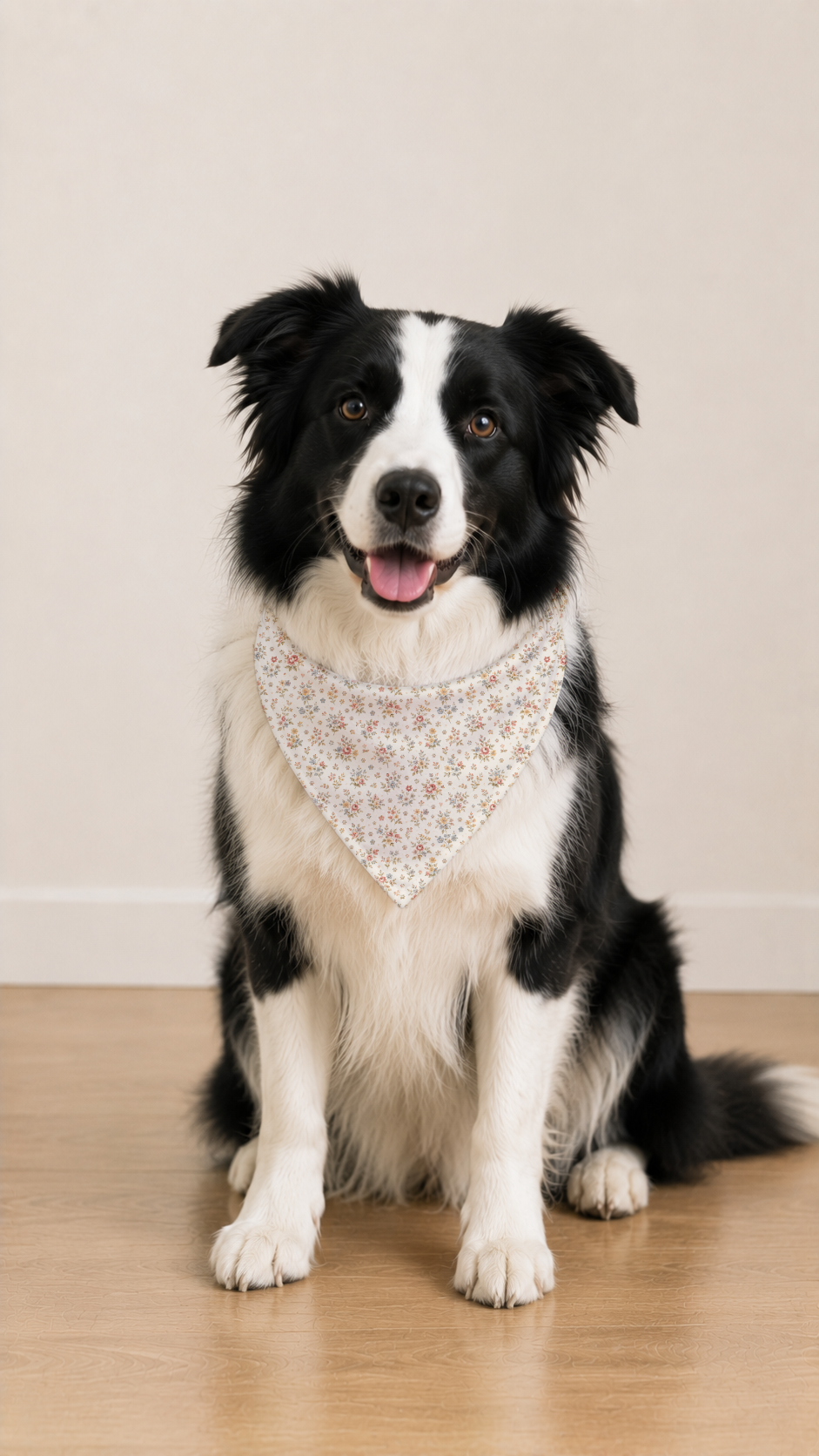 A black and white Border Collie sits on a light wood floor wearing a small white bandana with a delicate pink and green floral pattern, against a plain beige wall background.