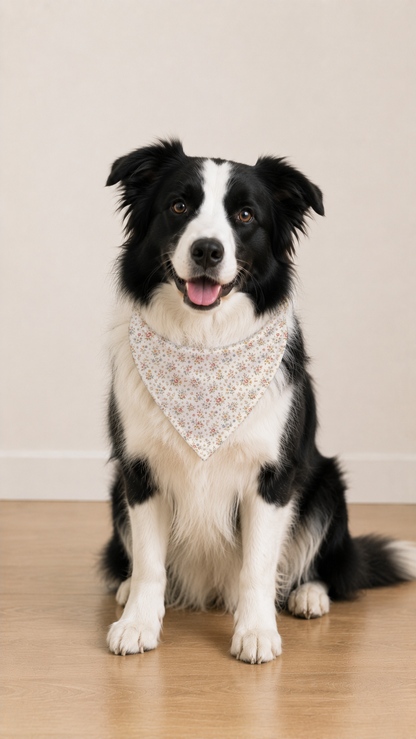 A black and white Border Collie sits on a light wood floor wearing a small white bandana with a delicate pink and green floral pattern, against a plain beige wall background.