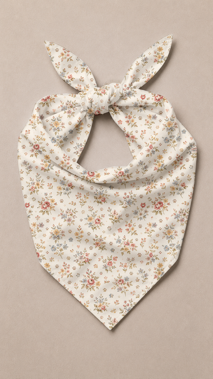 A cream-colored pet bandana with a delicate pink and orange floral print, tied in a bow at the top and styled flat on a neutral beige background.