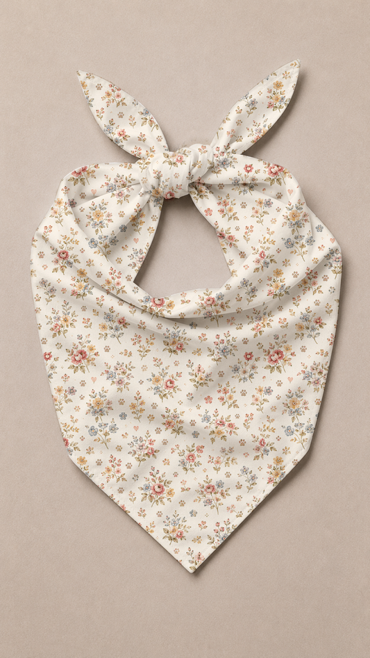 A cream-colored pet bandana with a delicate pink and orange floral print, tied in a bow at the top and styled flat on a neutral beige background.