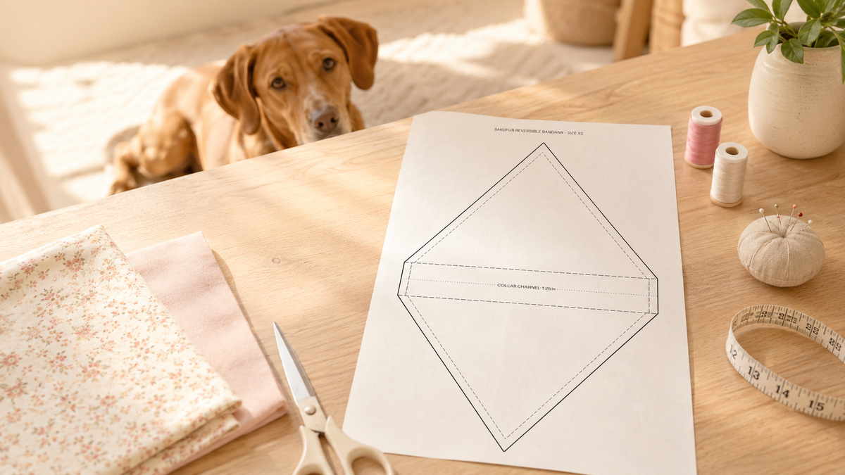 A dog sits behind a wooden table in a sunlit craft room, looking at a printed paper template laid out with fabric, scissors, thread, a measuring tape, and a small pumpkin on a table.