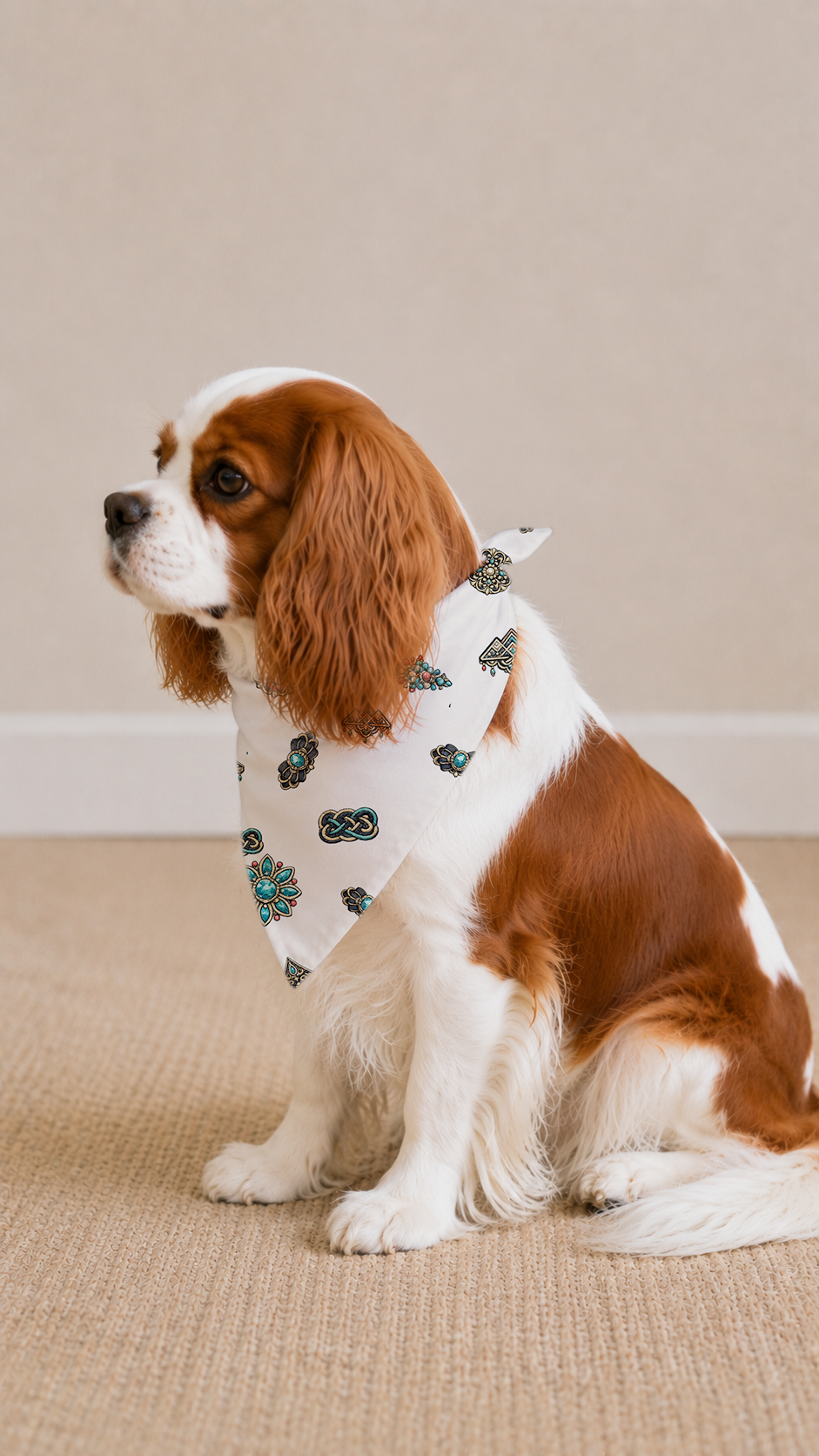 A brown and white Cavalier King Charles Spaniel dog wearing a white bandana with a green and black cloud pattern, sitting on a beige carpeted floor against a neutral beige wall.