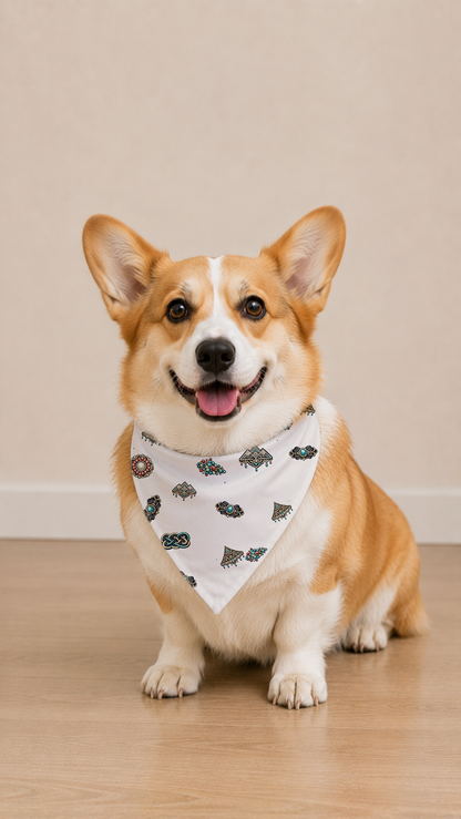 A corgi dog sitting on a light wood floor against a beige wall, wearing a white triangular bandana with a black and gray pattern.