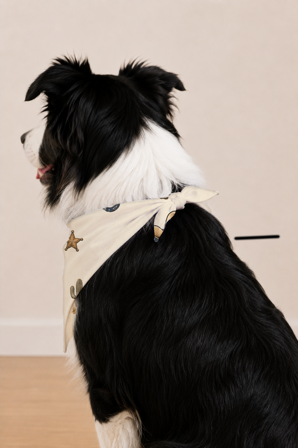 Border collie wearing a Howdy Pawtner Dog Bandana with paw prints as a main or supporting in white or warm white background with balanced color accents, clean pet-friendly colors with warm white spacing, back view.
