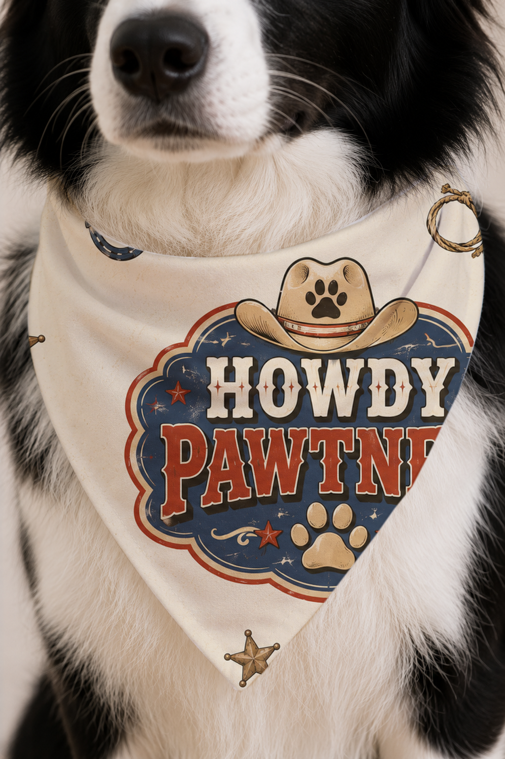 Close-up of the Howdy Pawtner Dog Bandana, showing paw prints as a main or supporting in white or warm white background with balanced color accents, clean pet-friendly colors with warm white spacing.
