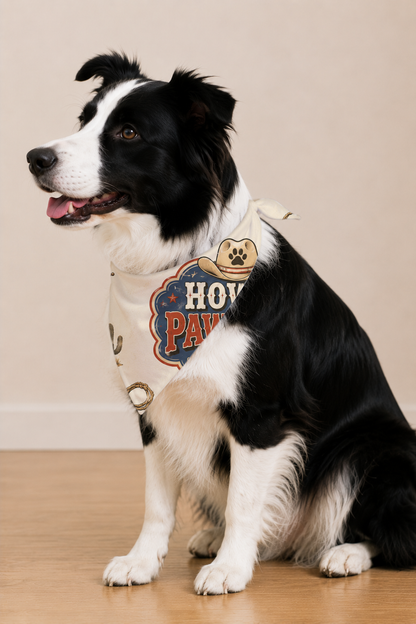 Side view of a Border collie wearing a Howdy Pawtner Dog Bandana with paw prints as a main or supporting in white or warm white background with balanced color accents, clean pet-friendly colors with warm white spacing.

