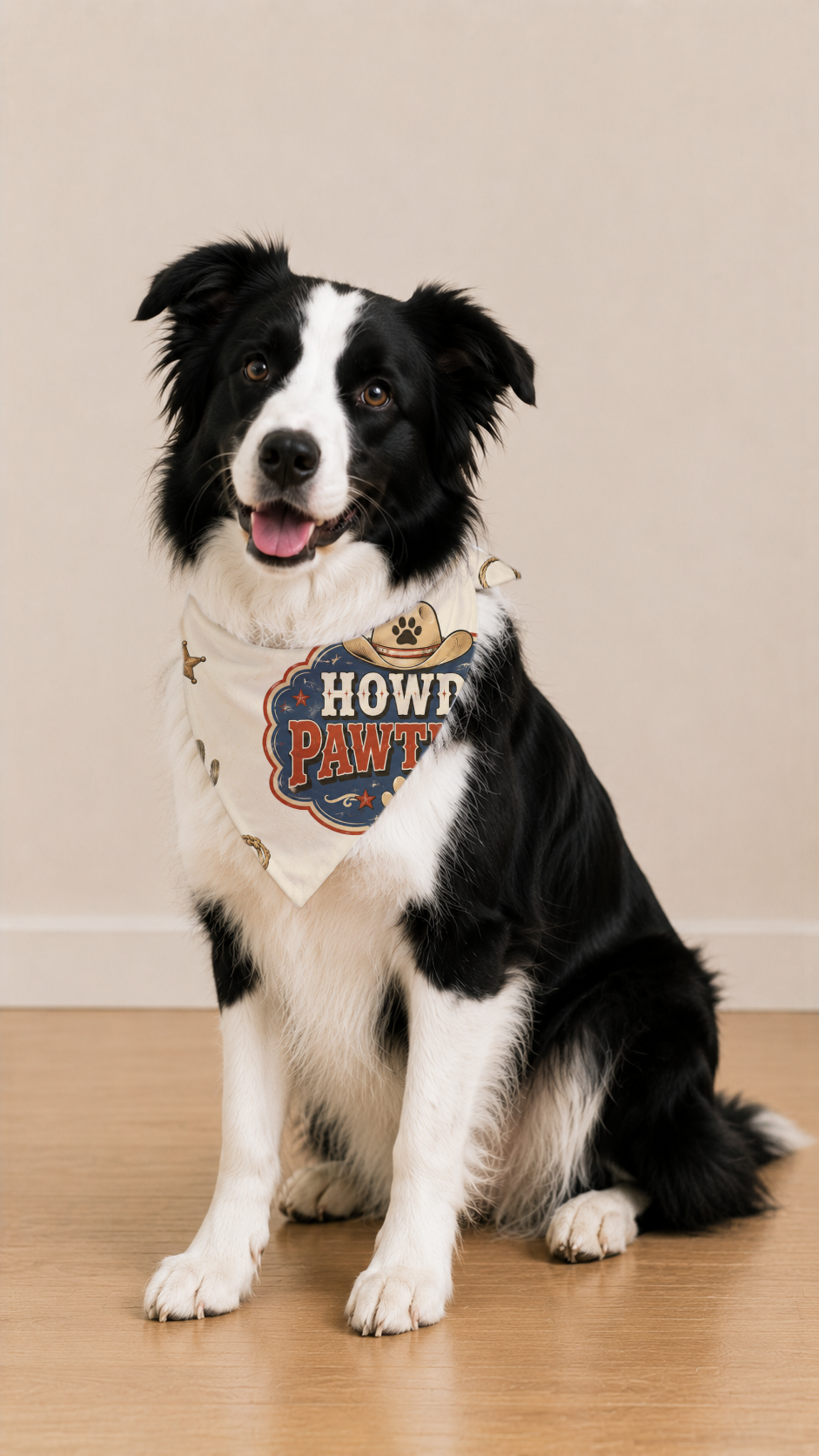 A black and white Border Collie sits on a light wood floor against a beige wall, wearing a white bandana with a cowboy hat graphic and the text 'HOWT PAWT'.