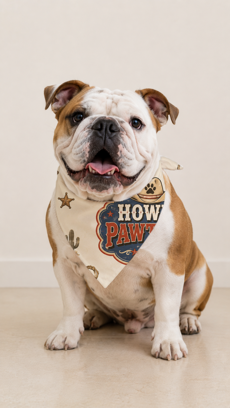 A brown and white English Bulldog sitting down, wearing a beige bandana with a western 'Howl Pawl' graphic and stars.