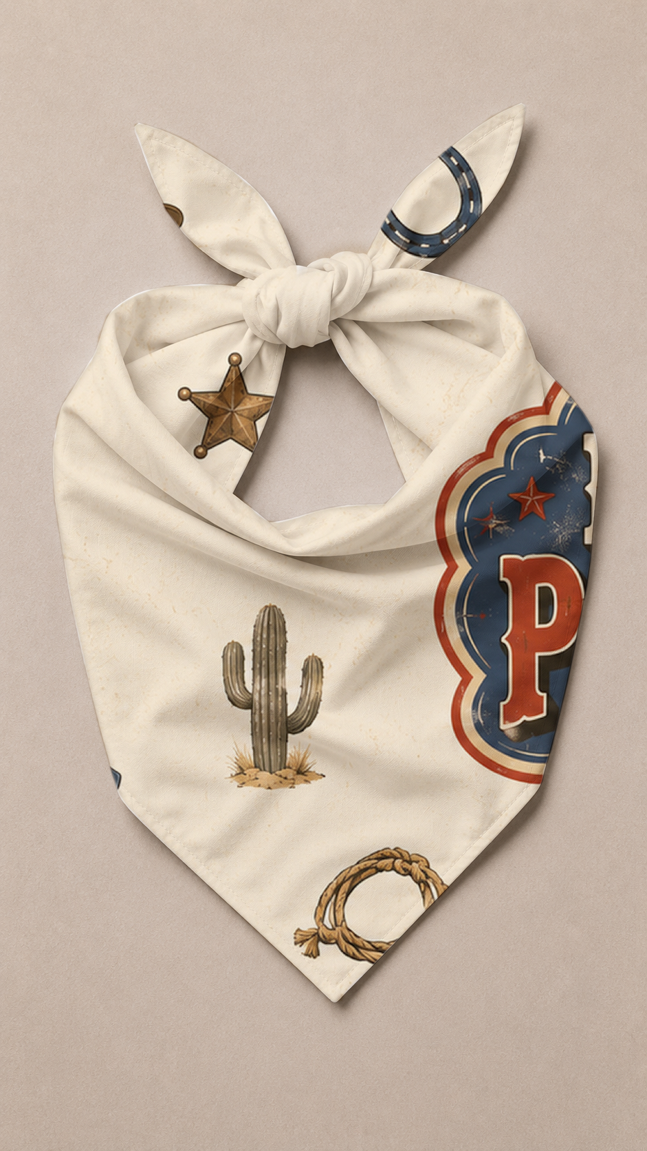 Howdy Pawtner Dog Bandana laid flat, featuring paw prints as a main or supporting in white or warm white background with balanced color accents, clean pet-friendly colors with warm white spacing.
