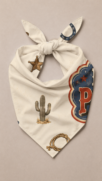 Howdy Pawtner Dog Bandana laid flat, featuring paw prints as a main or supporting in white or warm white background with balanced color accents, clean pet-friendly colors with warm white spacing.