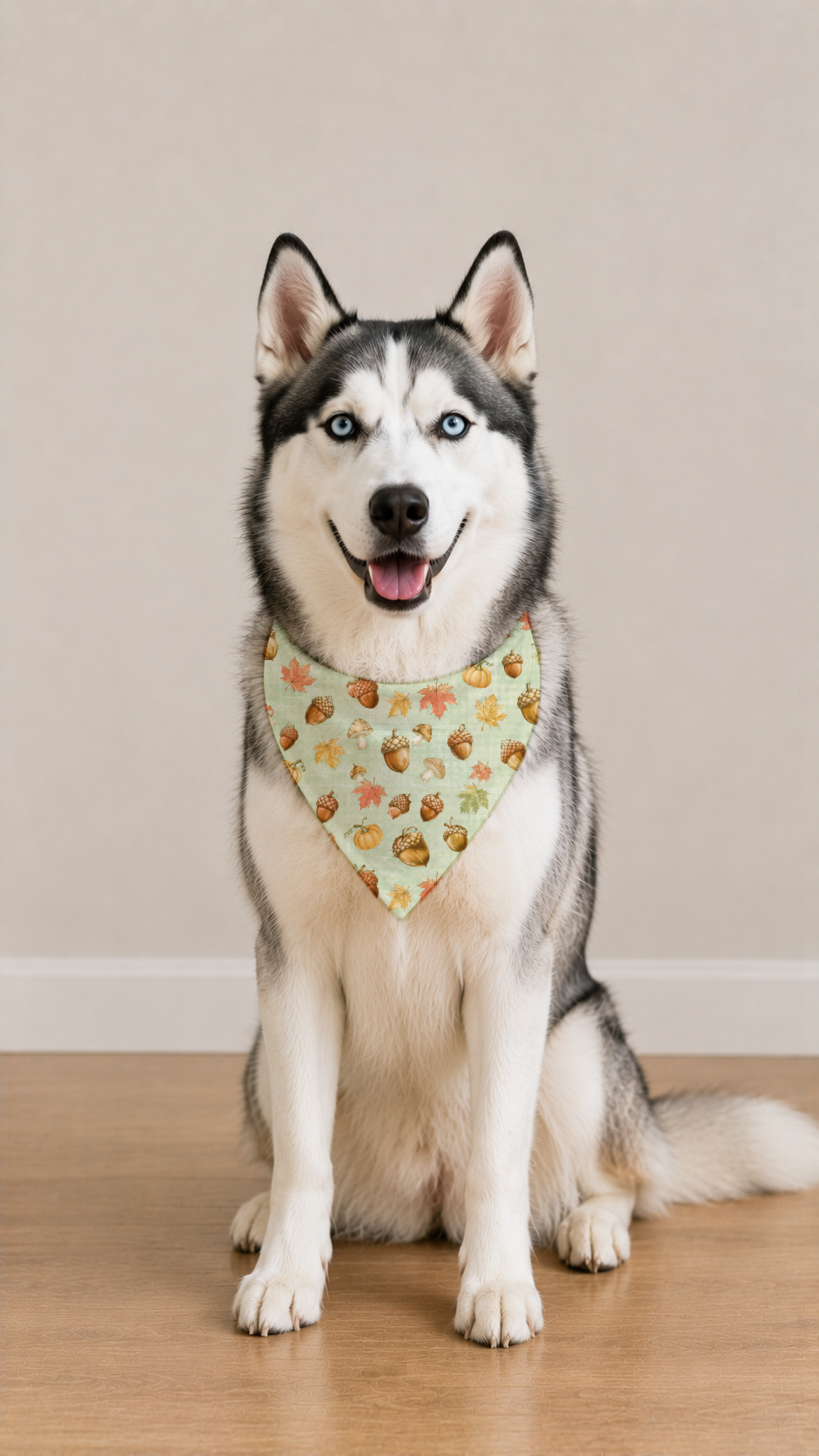 A Siberian husky dog sitting on a light wood floor against a beige wall, wearing a light green bandana with a pumpkin and acorn pattern.