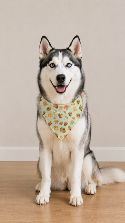 A Siberian husky dog sitting on a light wood floor against a beige wall, wearing a light green bandana with a pumpkin and acorn pattern.