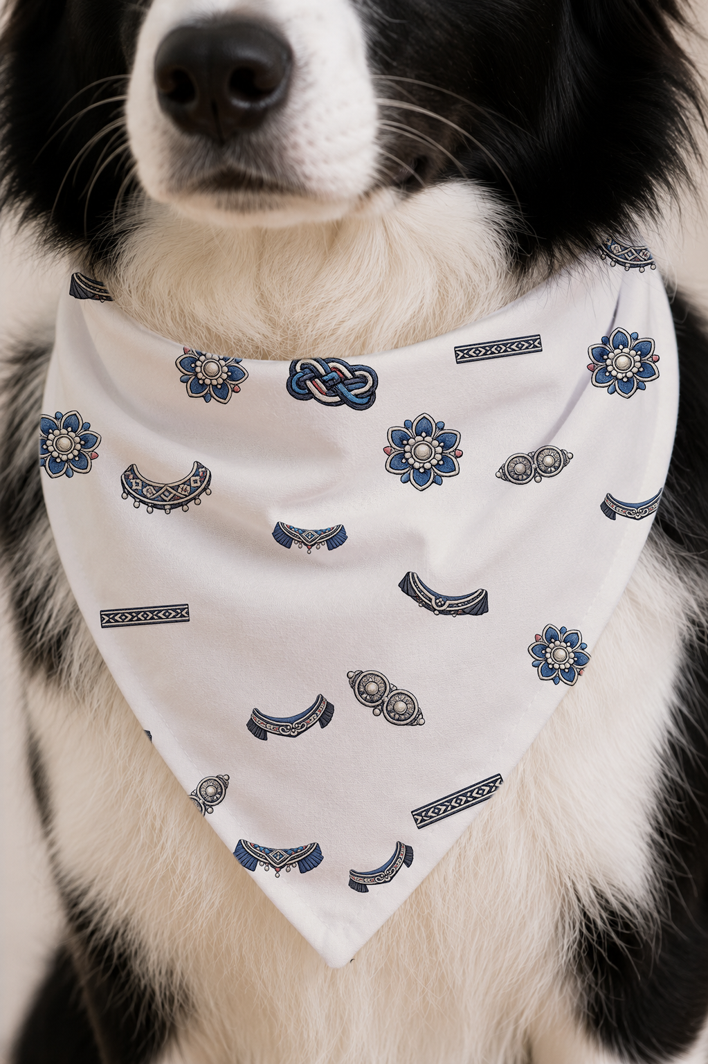 A close-up of a black and white dog wearing a white triangular bandana with a blue and gray paisley pattern.