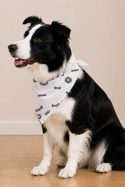 A black and white Border Collie wearing a white bandana with a blue and gray dog toy pattern, sitting on a light wood floor against a beige wall.