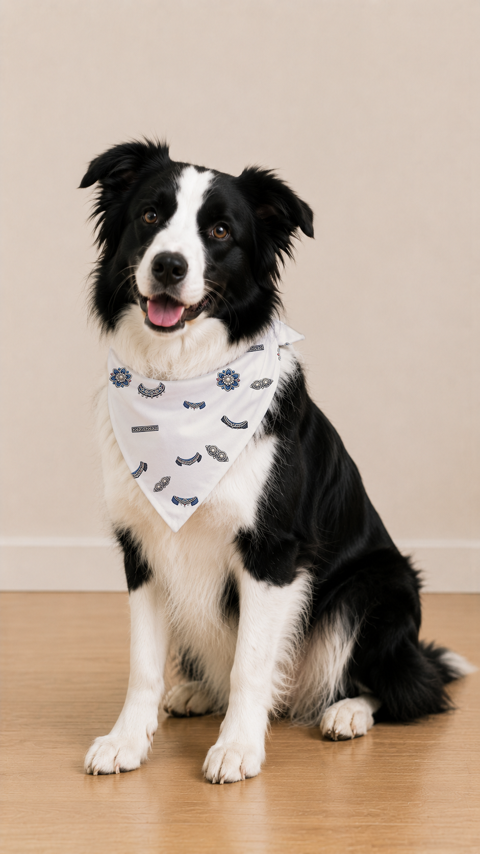 A black and white dog wearing a white bandana with a blue fish pattern, sitting on a light wood floor against a beige wall.