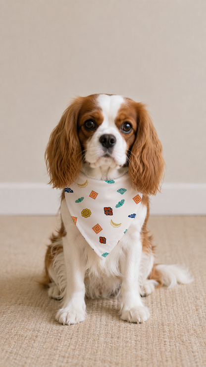 A small brown and white dog sits on a beige carpet wearing a white bandana-style pet bib printed with red cherries and small baskets.