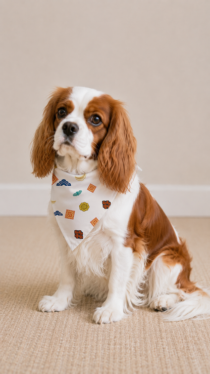 A brown and white Cavalier King Charles Spaniel dog wearing a white bandana with colorful cartoon motifs, sitting on a beige textured rug against a neutral beige wall.