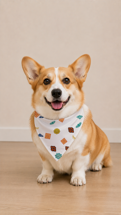 A corgi dog wearing a white triangular bandana with a colorful pattern of small cartoon shapes, sitting on a light wood floor against a beige wall.