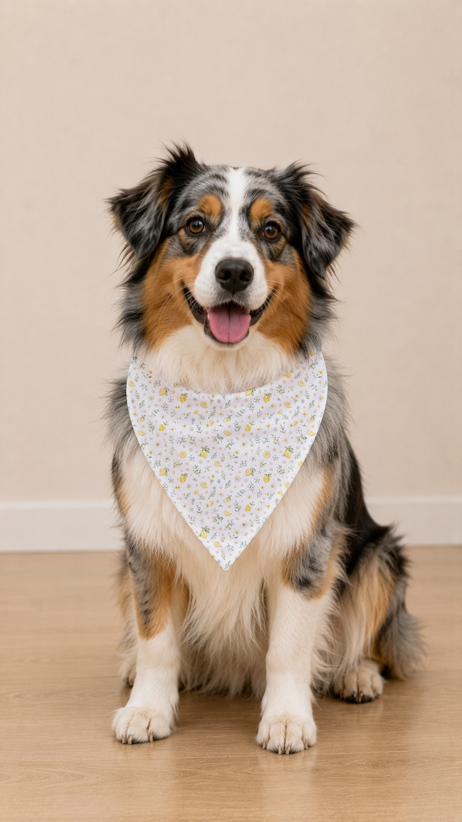 Aussie wearing a Lemon Daisy Dog Bandana in a front view.