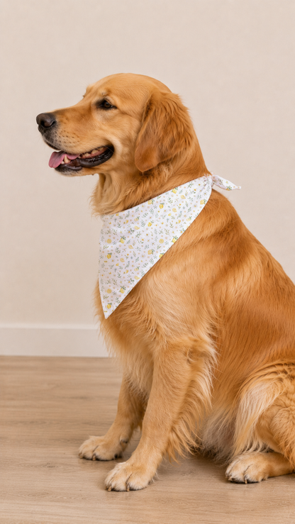 Golden wearing a Lemon Daisy Dog Bandana in a side view.