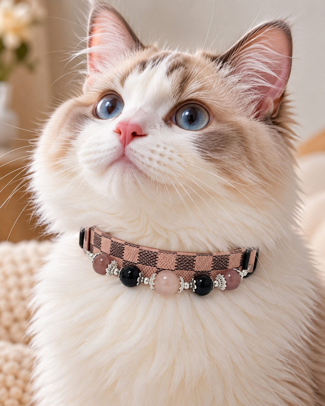 Rose Quartz, Black Obsidian & Cat-Eye Pet Collar – Pink Checkerboard Style