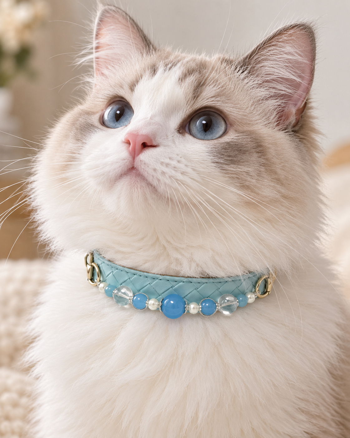 Aquamarine Crystal Pet Collar – Light Blue Diamond Style | Clear Quartz & Shell Beads