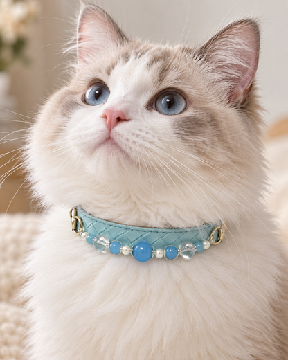 Aquamarine Crystal Pet Collar – Light Blue Diamond Style | Clear Quartz & Shell Beads