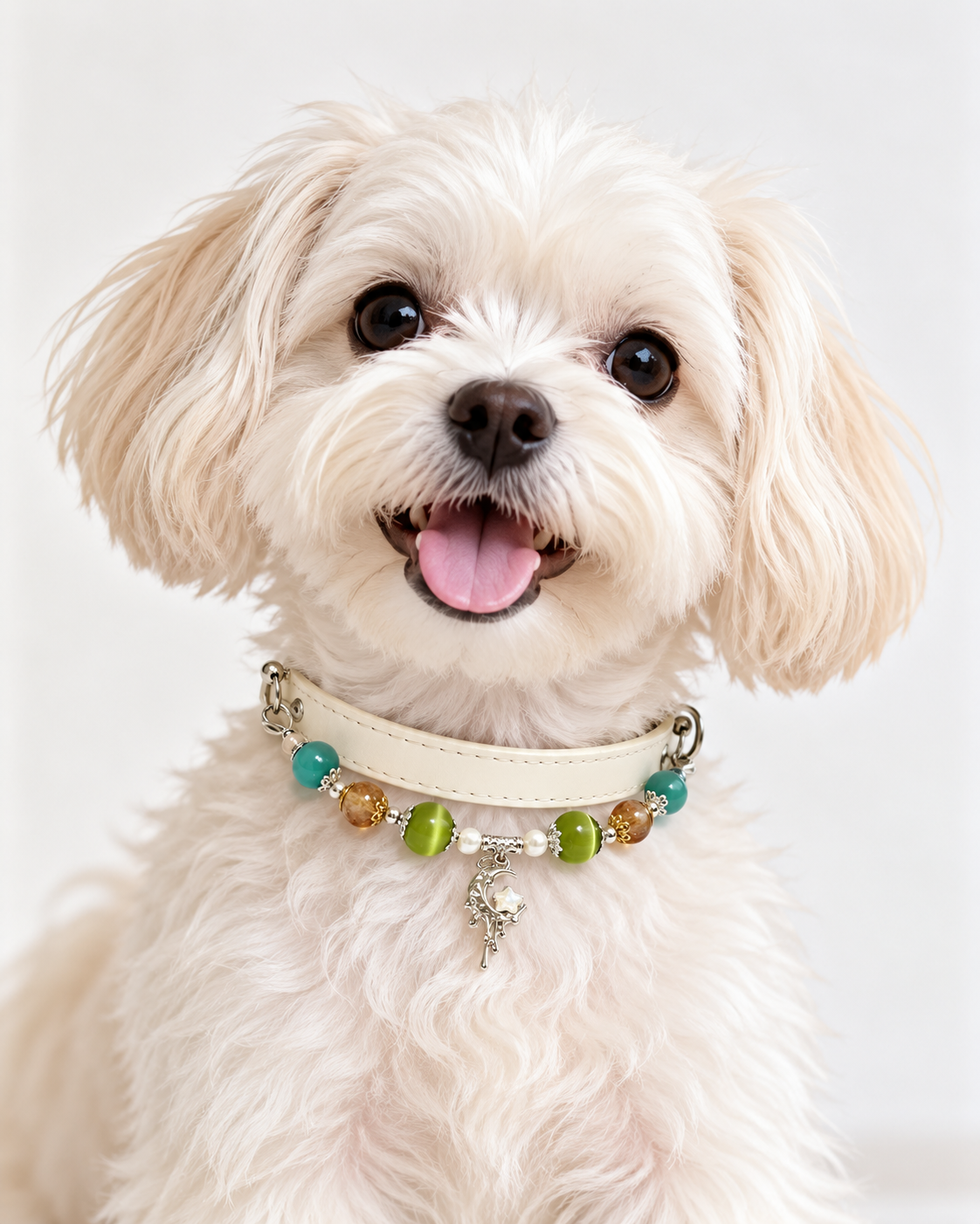Blue & Green Cat-Eye Glass Pet Collar – Golden-Toned Bead Design