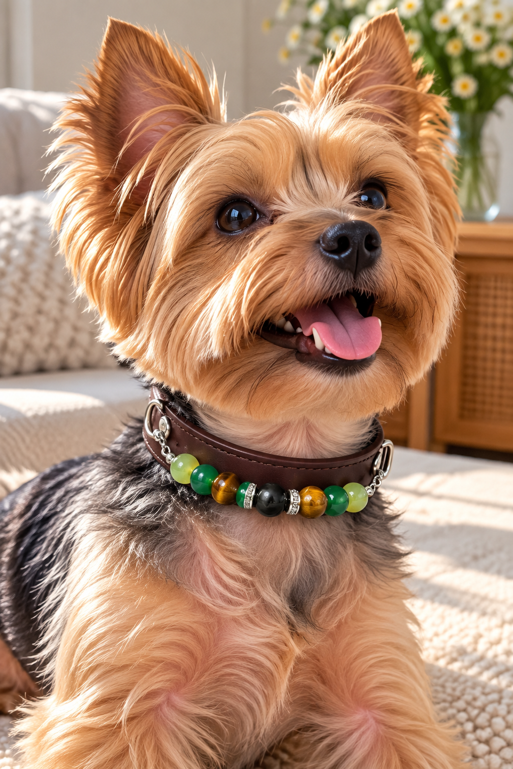 Tiger's Eye Crystal Pet Collar – Black Obsidian, Agate & Dark Brown Band