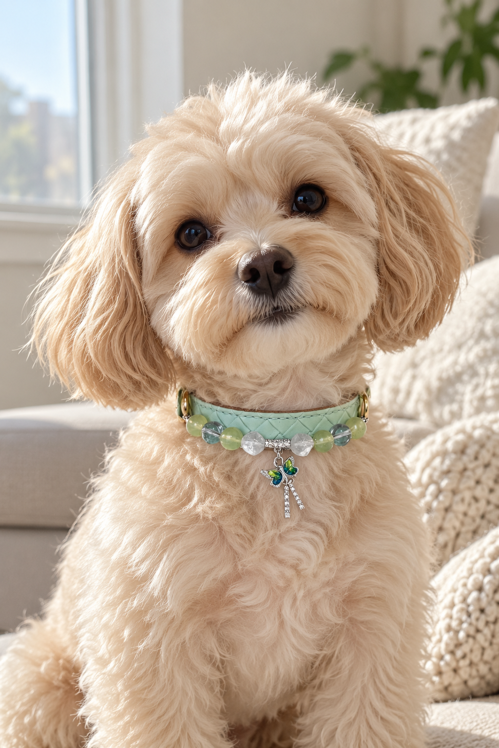 Prehnite Crystal Pet Collar – White Quartz, Green Phantom Quartz & Butterfly Detail