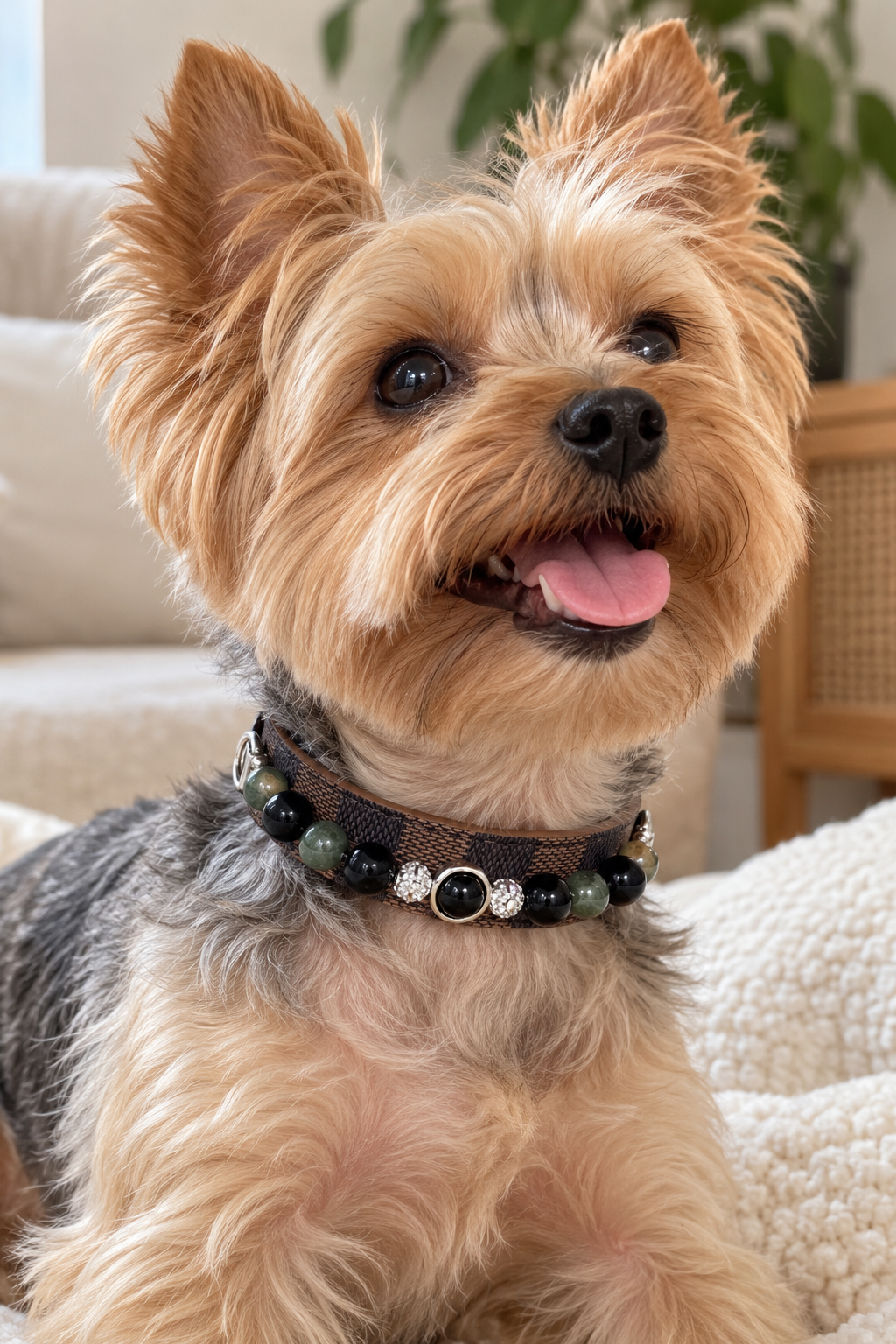 A small tan and gray dog wearing a beaded collar, sitting on a cream-colored sofa in a cozy indoor setting.