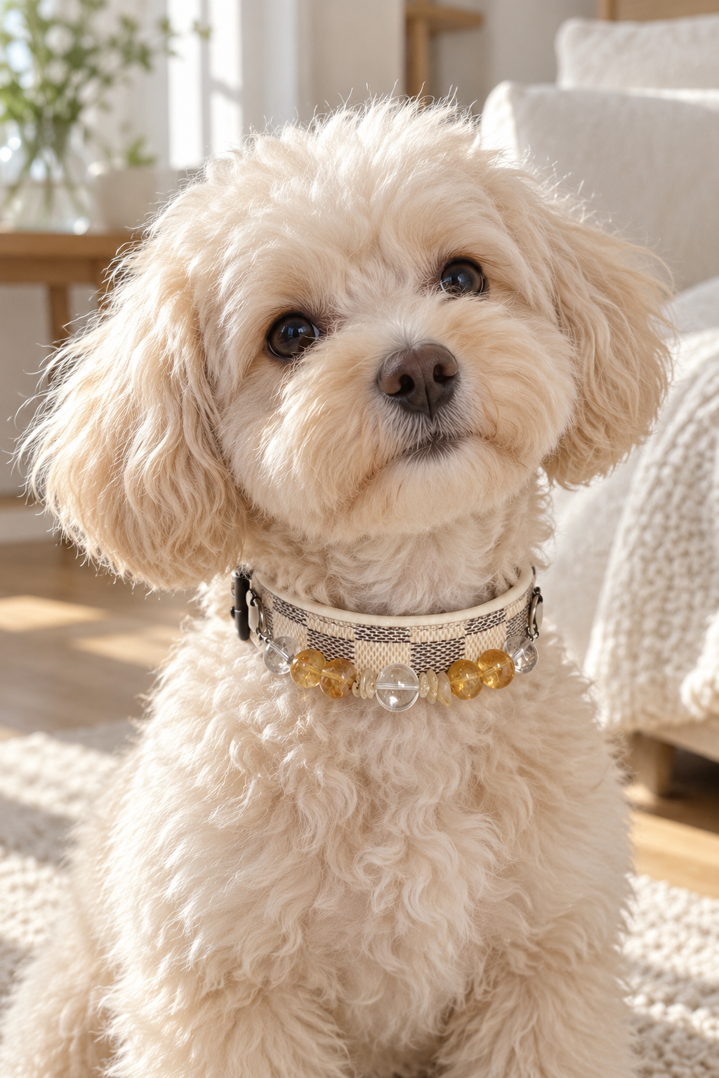 Yellow Tower Crystal Pet Collar – White Quartz, Green Phantom Quartz & Checkerboard Band