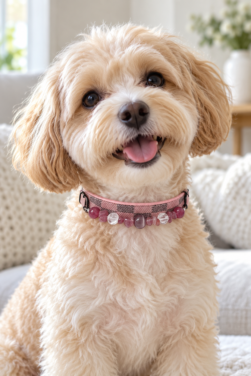 Strawberry Quartz Crystal Pet Collar – Pink Checkered Style | Clear Quartz & Cat’s Eye Glass