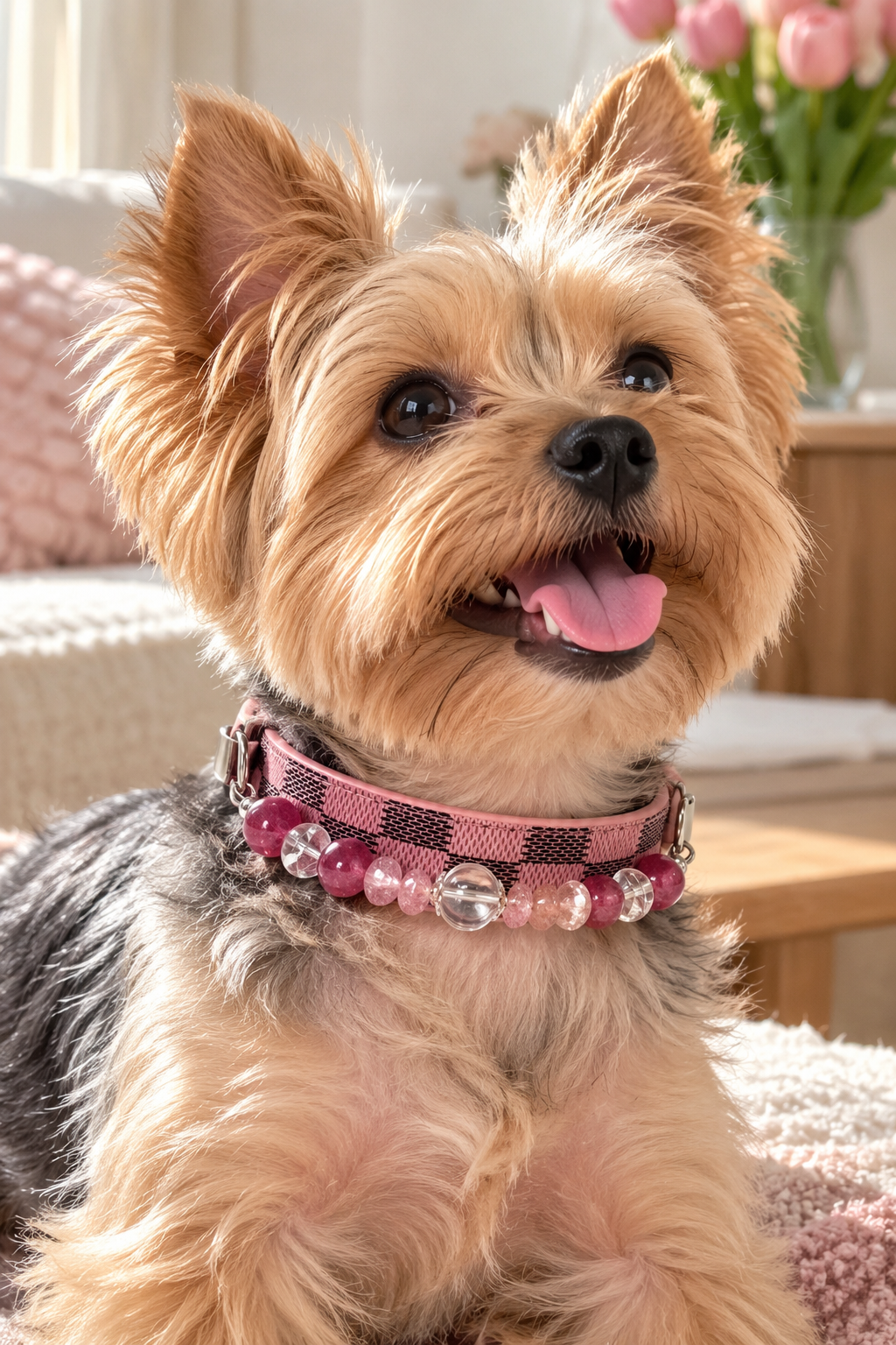 Strawberry Quartz Crystal Pet Collar – White Quartz, Green Phantom Quartz & Pink Checkerboard Band