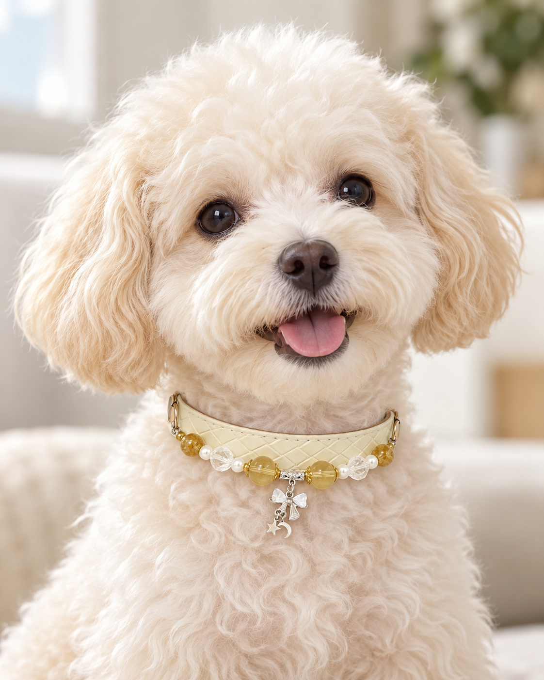Citrine, Clear Quartz & Pearl Pet Collar – Ivory Quilted Charm Design