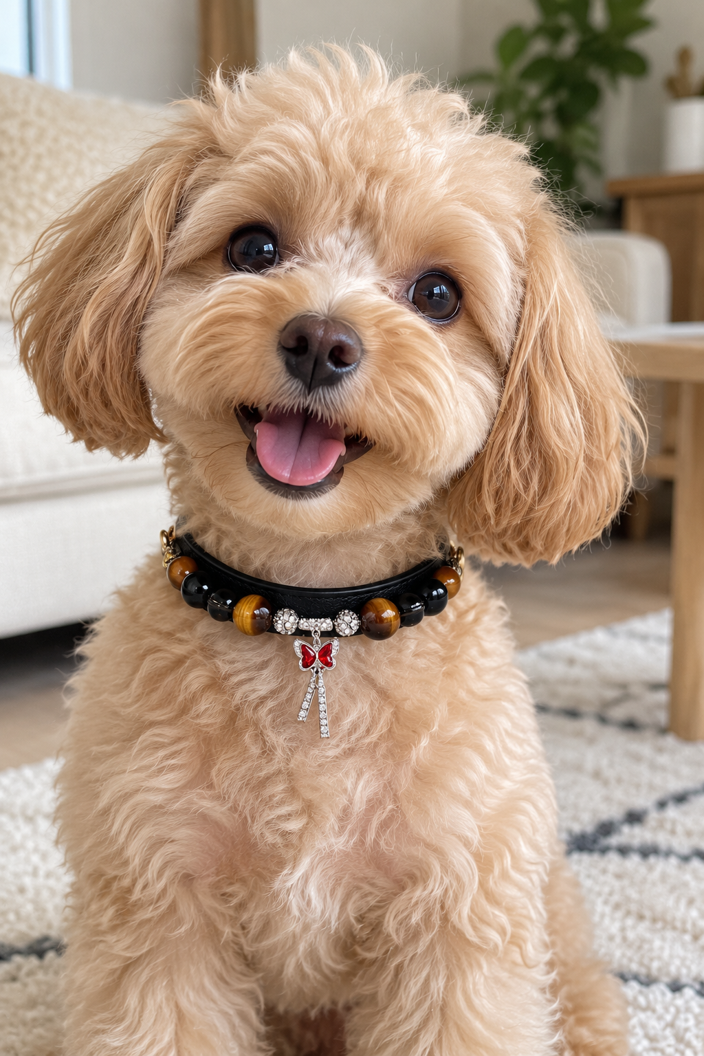 A fluffy light brown dog wearing a black beaded collar with brown and amber beads and a silver bow charm, sitting indoors on a patterned rug.