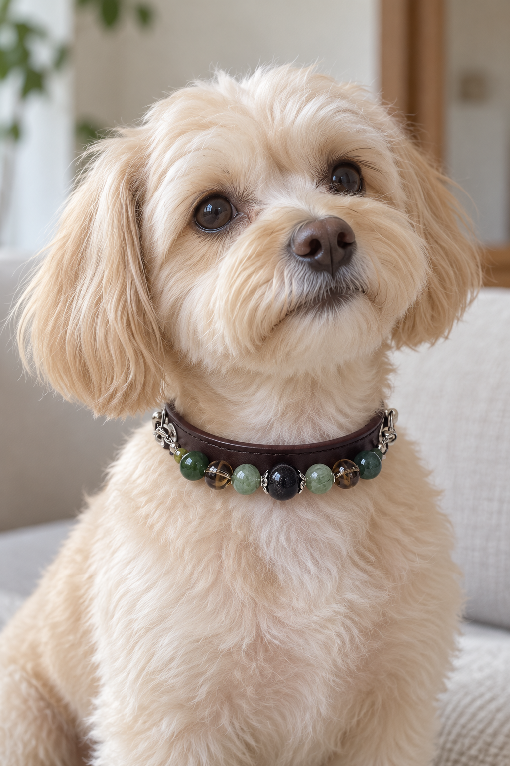 Silver Sheen Obsidian Crystal Pet Collar – Smoky Quartz, Jade & Dark Brown Band