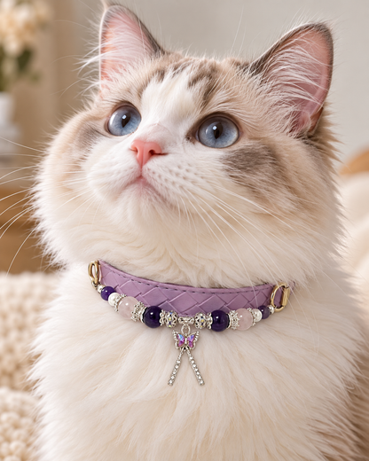 Amethyst & Rose Quartz Crystal Pet Collar – Lavender Woven Style | Shell Beads & Charm
